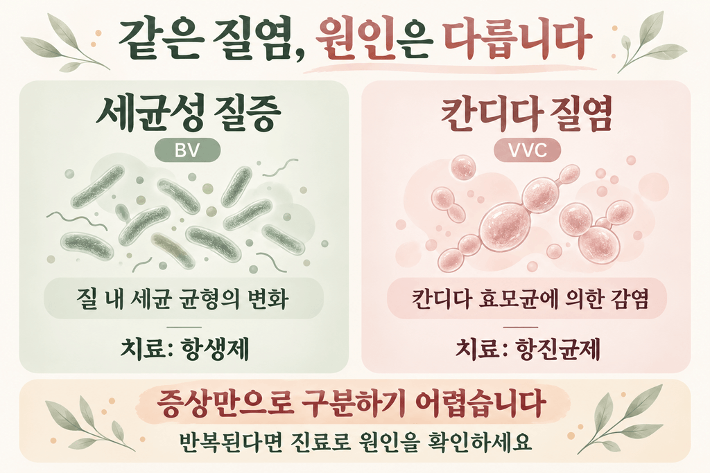 세균성 질증과 칸디다 질염의 원인 및 치료 차이를 비교한 이미지