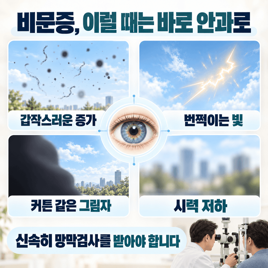 갑작스러운 비문증 증가와 광시증, 커튼 같은 시야 가림, 시력 저하 경고 신호