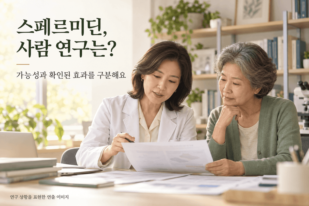 연구자와 고령 여성이 스페르미딘 관련 연구 자료를 함께 살펴보는 연출 이미지