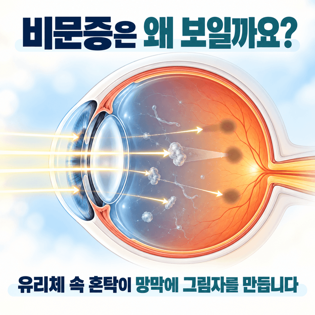 비문증 원인인 유리체 혼탁이 망막에 그림자를 만드는 과정