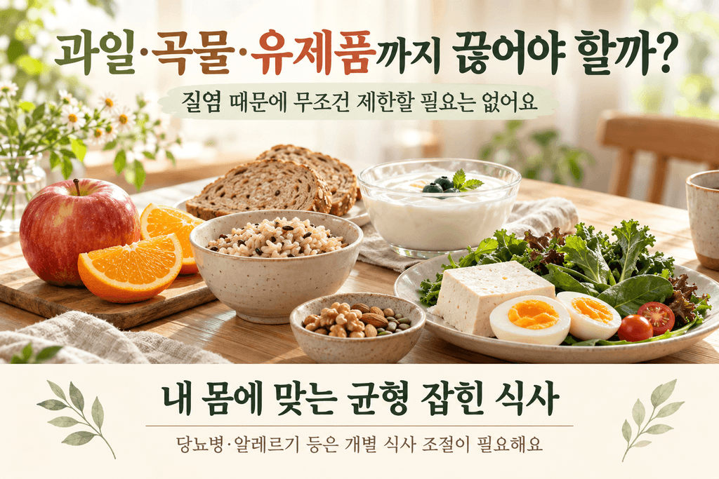 과일, 잡곡밥, 통곡물빵, 요거트, 두부와 달걀이 놓인 식탁과 무조건적인 음식 제한보다 균형 잡힌 식사를 권하는 문구