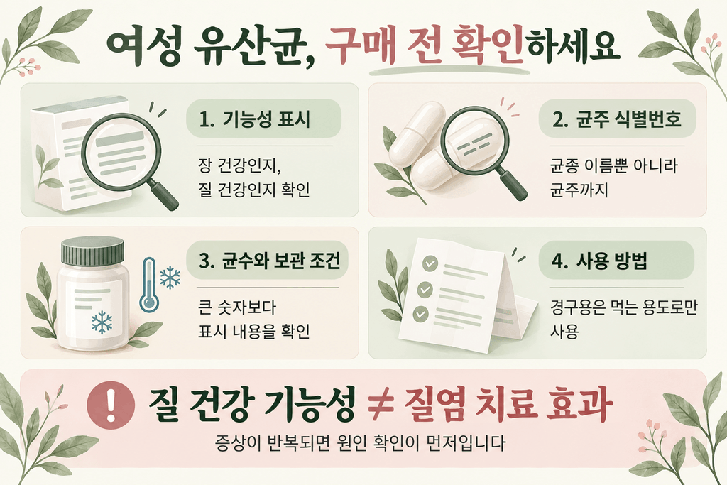 여성 유산균 구매 전 기능성 표시, 균주 식별번호, 균수와 보관 조건, 사용 방법을 확인하도록 안내하는 이미지
