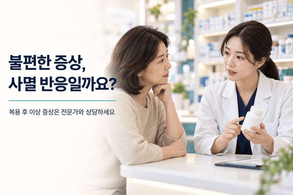 보충제 복용 후 불편한 증상에 관해 약사와 상담하는 중년 여성