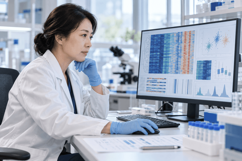 연구원이 실험실 모니터에 표시된 DNA 메틸화 분석을 연상시키는 그래프를 검토하는 모습