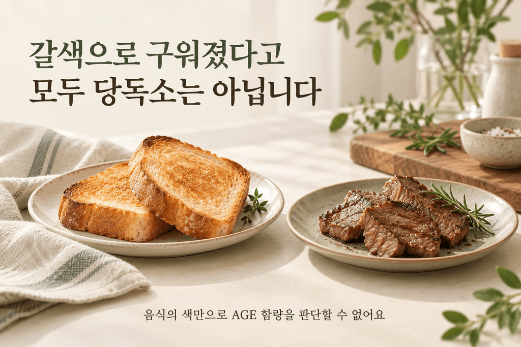 구운 빵과 고기를 통해 음식의 갈색만으로 당독소 AGE 함량을 판단할 수 없음을 설명하는 이미지
