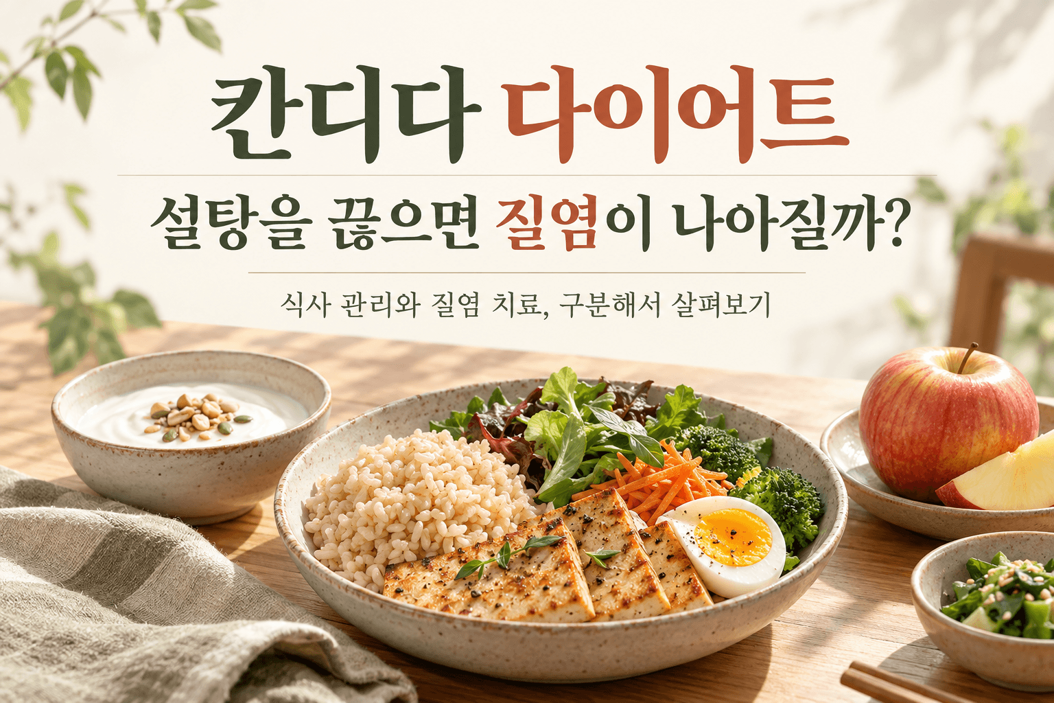 칸디다 다이어트와 설탕 제한의 효과를 묻는 문구 아래 잡곡밥, 두부, 달걀, 채소, 과일과 요거트가 놓인 식탁