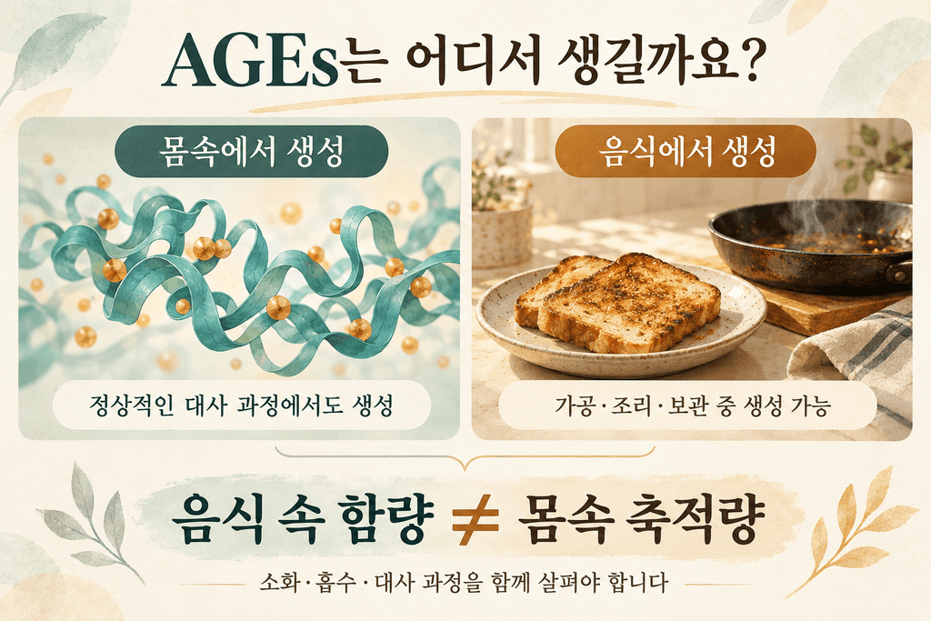 몸속 대사와 음식의 가공·조리 중 생성되는 AGEs를 비교하고, 음식 속 함량과 체내 축적량이 다름을 설명하는 이미지