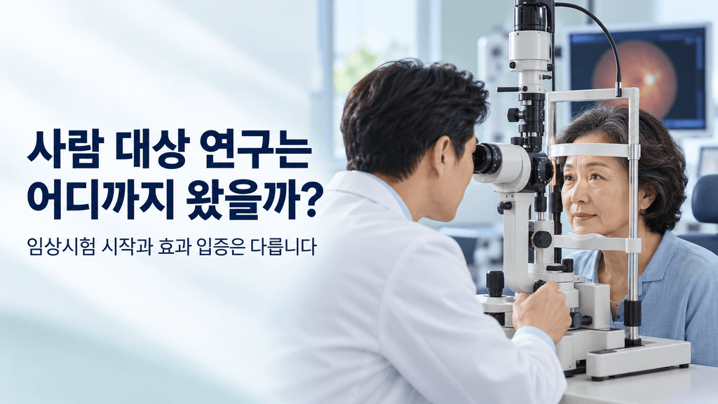 안과 의사가 세극등으로 중년 여성의 눈을 검사하는 장면과 사람 대상 임상시험 안내 문구