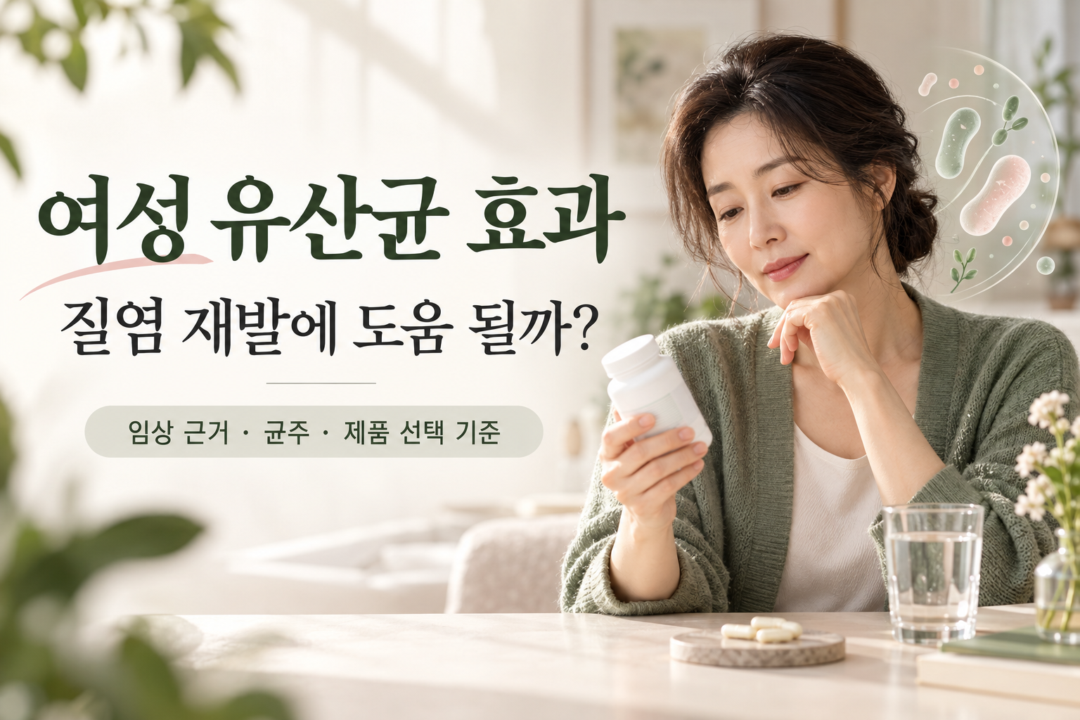 여성 유산균 제품을 살펴보는 중년 여성과 여성 유산균 효과·질염 재발 관련 제목이 담긴 이미지