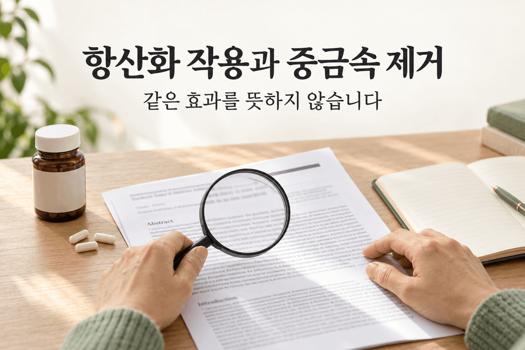 영양제와 연구 자료를 살펴보며 항산화 작용과 중금속 제거 효과의 차이를 확인하는 모습