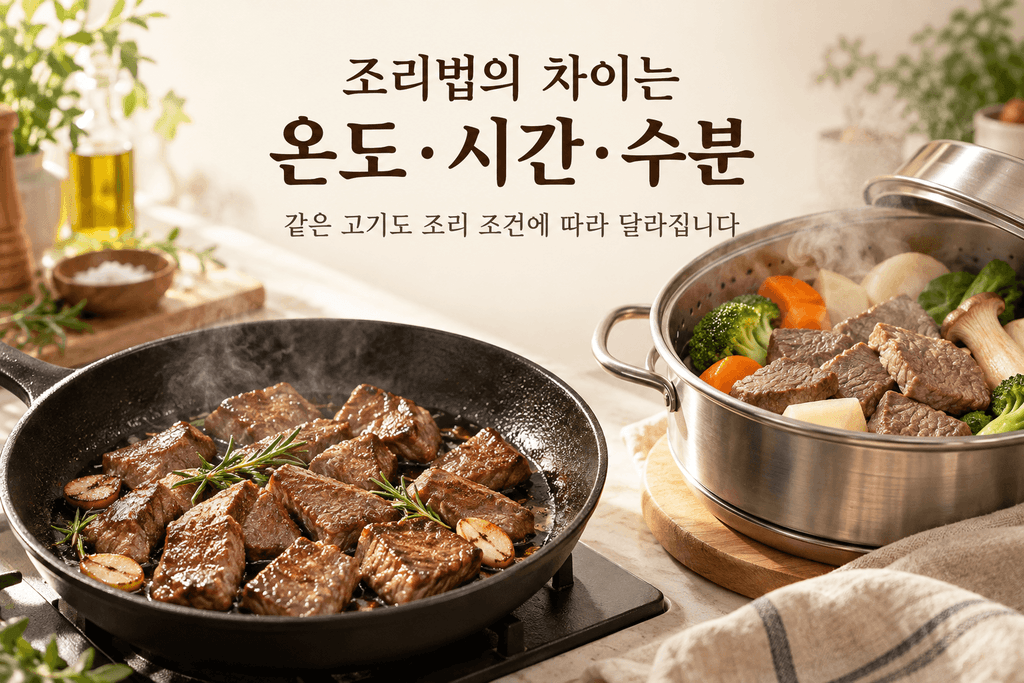 팬에 굽는 쇠고기와 채소를 곁들여 찌는 쇠고기의 조리 모습