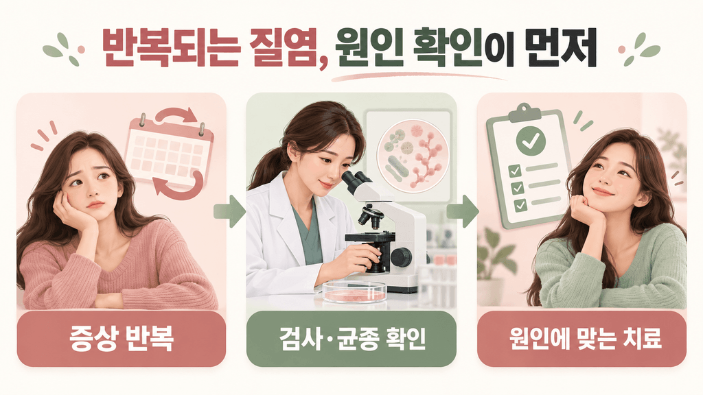 반복되는 질염 증상은 검사와 균종 확인을 거쳐 원인에 맞게 치료해야 한다는 과정을 보여주는 이미지