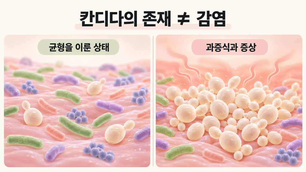 균형을 이룬 질 내 미생물 환경과 칸디다 과증식으로 증상이 나타난 상태를 비교한 이미지