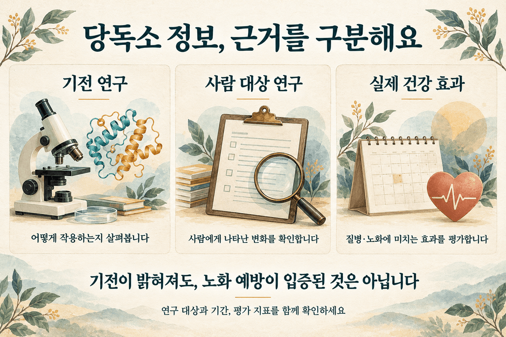 당독소 관련 기전 연구, 사람 대상 연구, 실제 건강 효과를 구분해 살펴보도록 안내하는 이미지