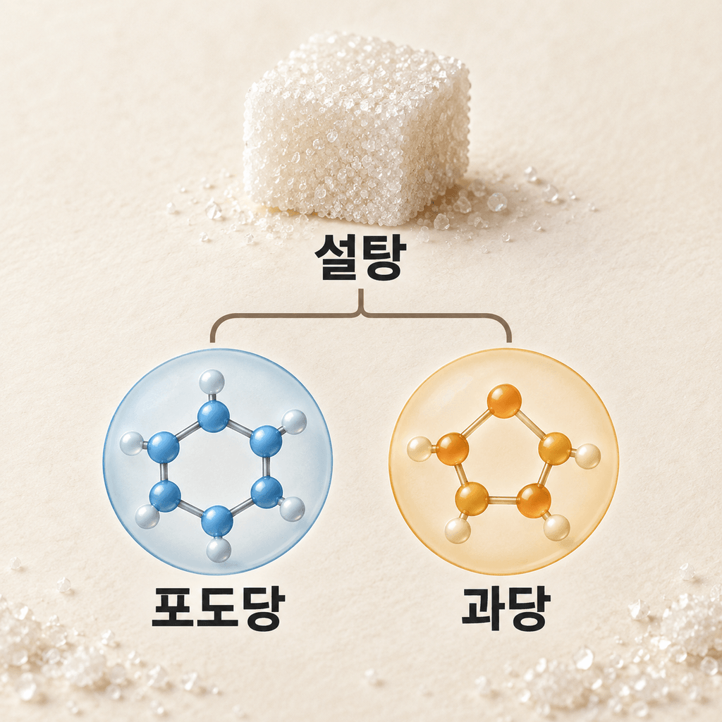 설탕이 포도당과 과당으로 구성되는 원리를 보여주는 이미지