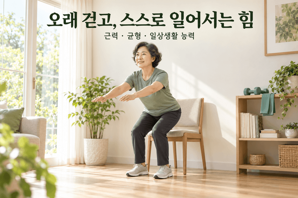 밝은 실내에서 의자에서 일어나기 운동을 하는 중년 여성과 선반에 놓인 덤벨·운동 밴드