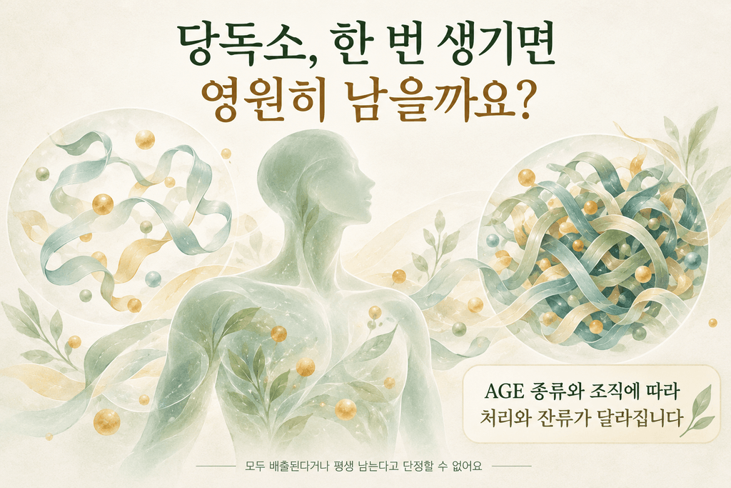 인체 실루엣과 단백질 모양의 일러스트로 AGE 종류와 조직에 따라 처리와 잔류가 달라짐을 표현한 이미지