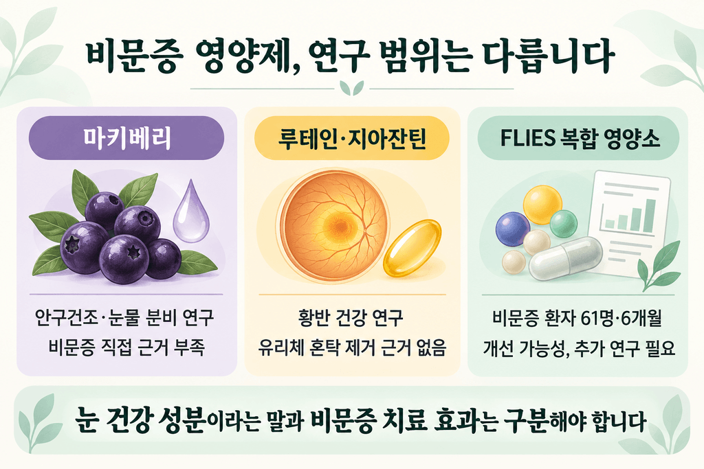 마키베리·루테인·FLIES 복합 영양소의 비문증 연구 근거 비교